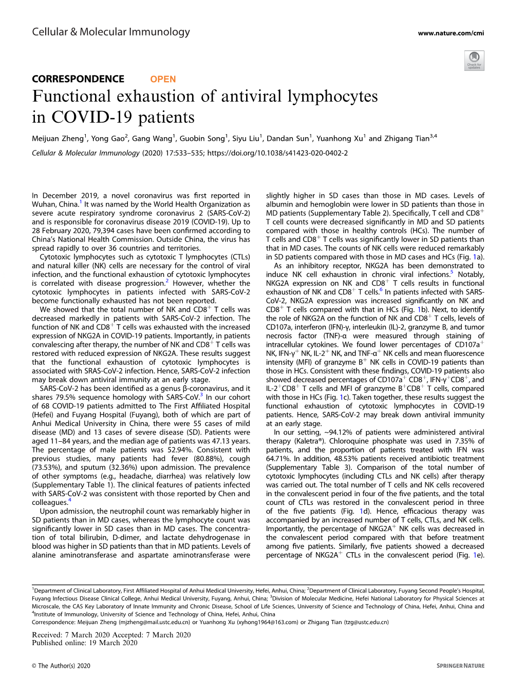 Functional Exhaustion of Antiviral Lymphocytes in COVID-19 Patients