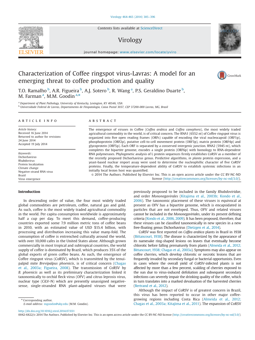 Characterization of Coffee Ringspot Virus-Lavras: a Model for an Emerging Threat to Coffee Production and Quality