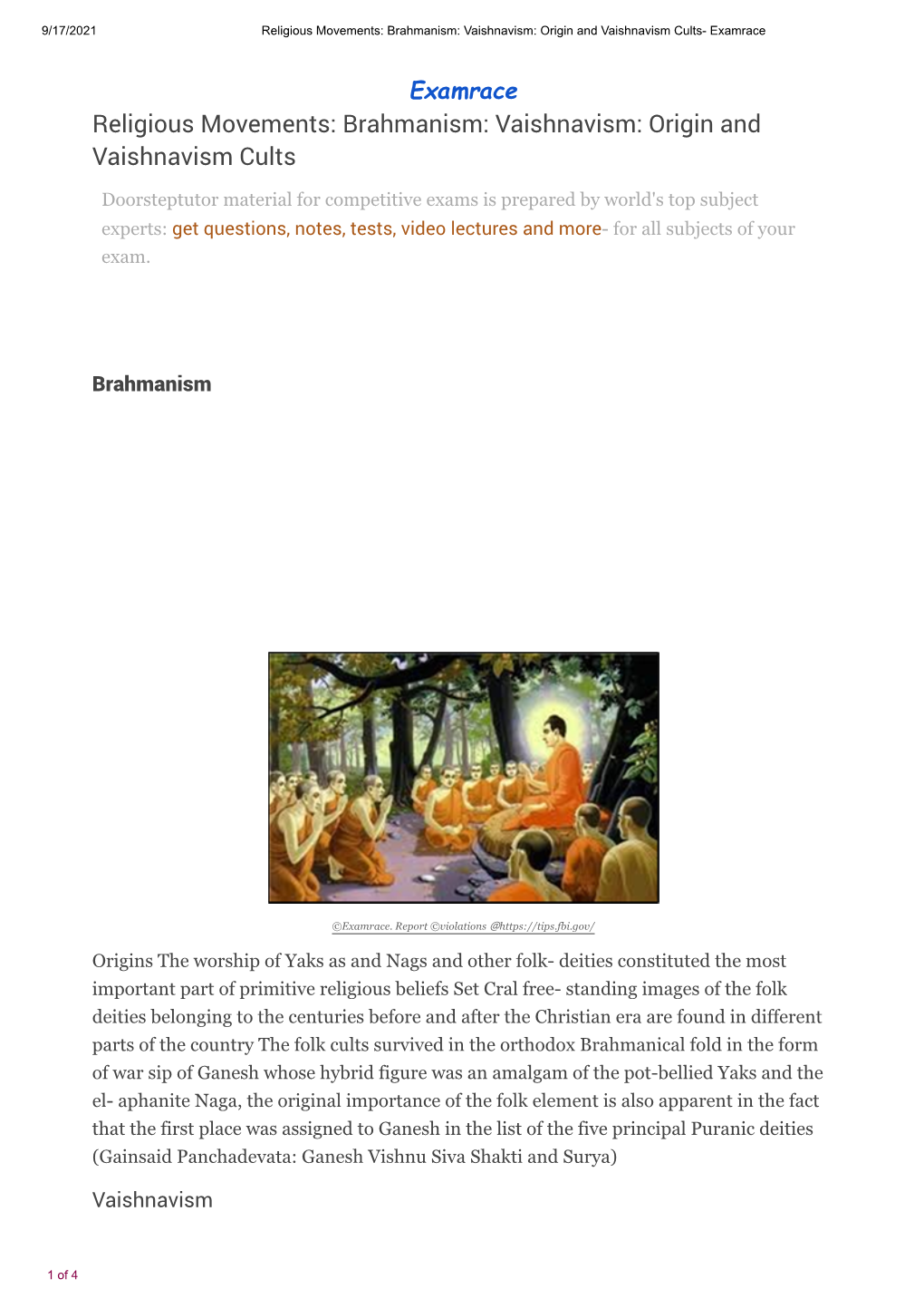 Religious Movements: Brahmanism: Vaishnavism: Origin and Vaishnavism Cults- Examrace
