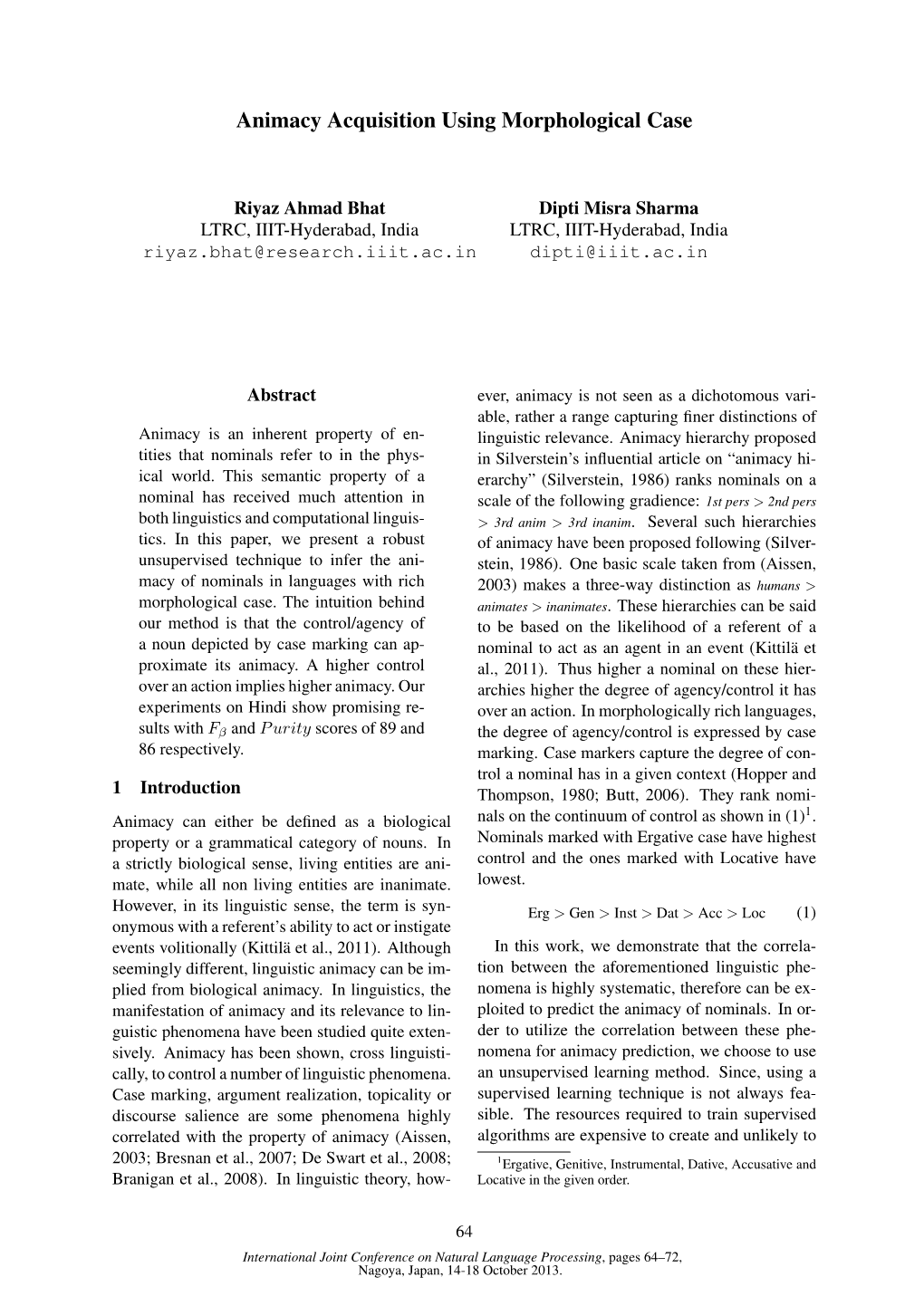 Animacy Acquisition Using Morphological Case