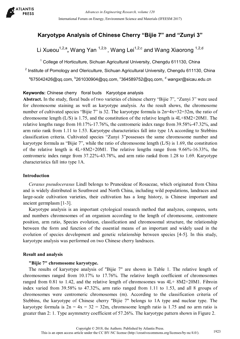 Karyotype Analysis of Chinese Cherry “Bijie 7” and “Zunyi 3” Li Xueou