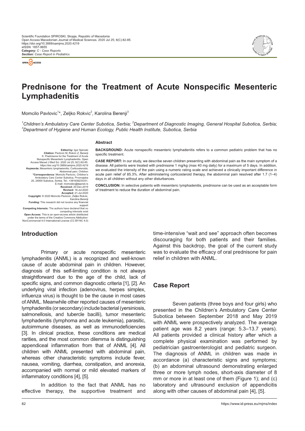 Prednisone for the Treatment of Acute Nonspecific Mesenteric Lymphadenitis