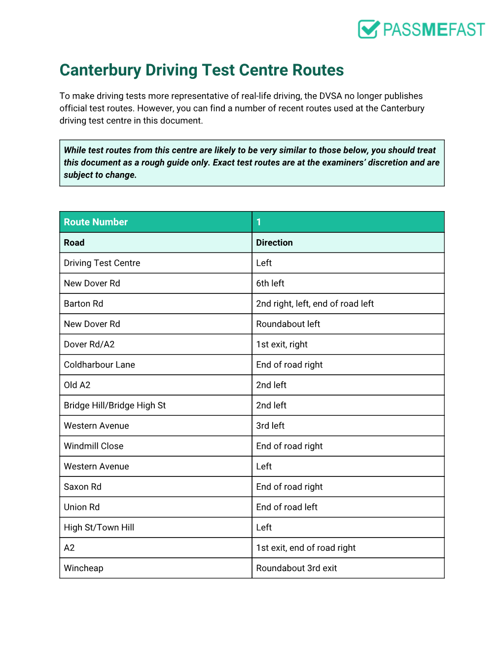 Canterbury Driving Test Centre Routes