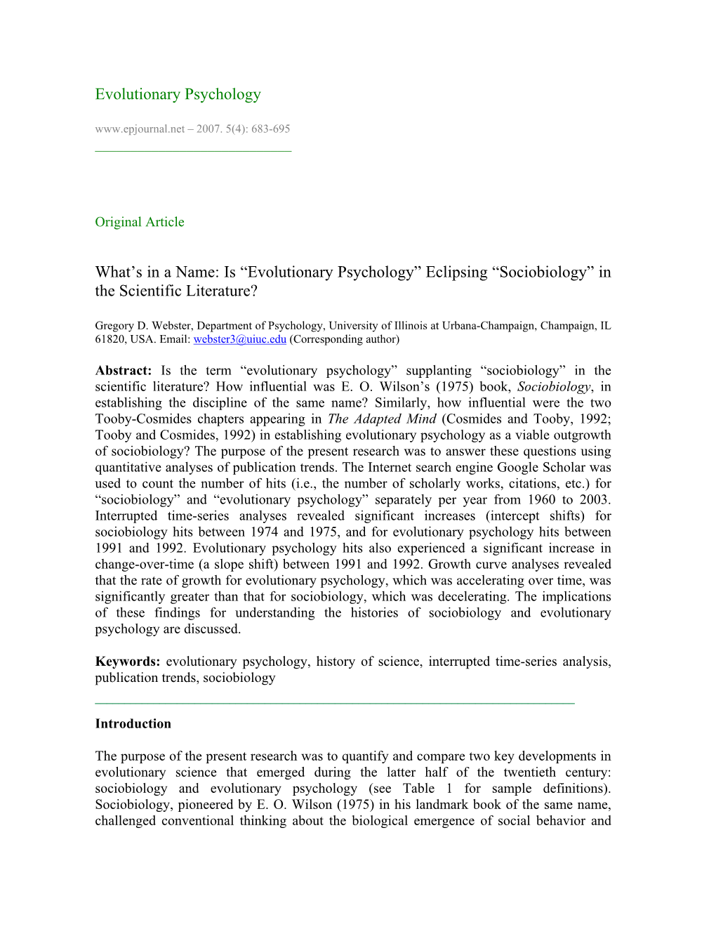 Evolutionary Psychology – 2007