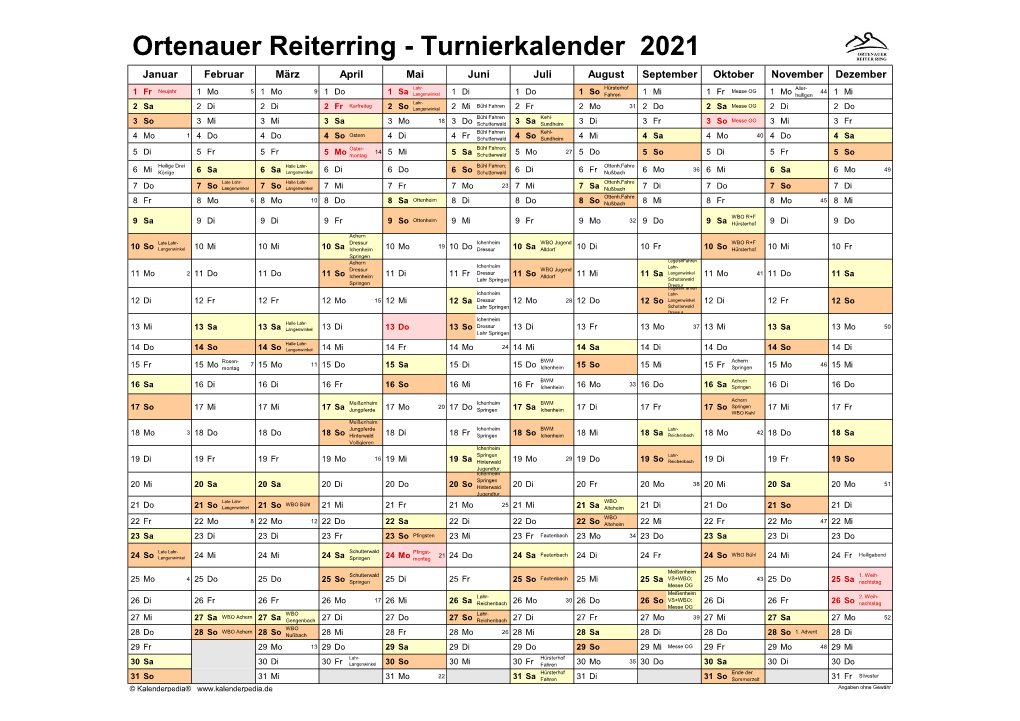 Ortenauer Reiterring - Turnierkalender 2021 Januar Februar März April Mai Juni Juli August September Oktober November Dezember