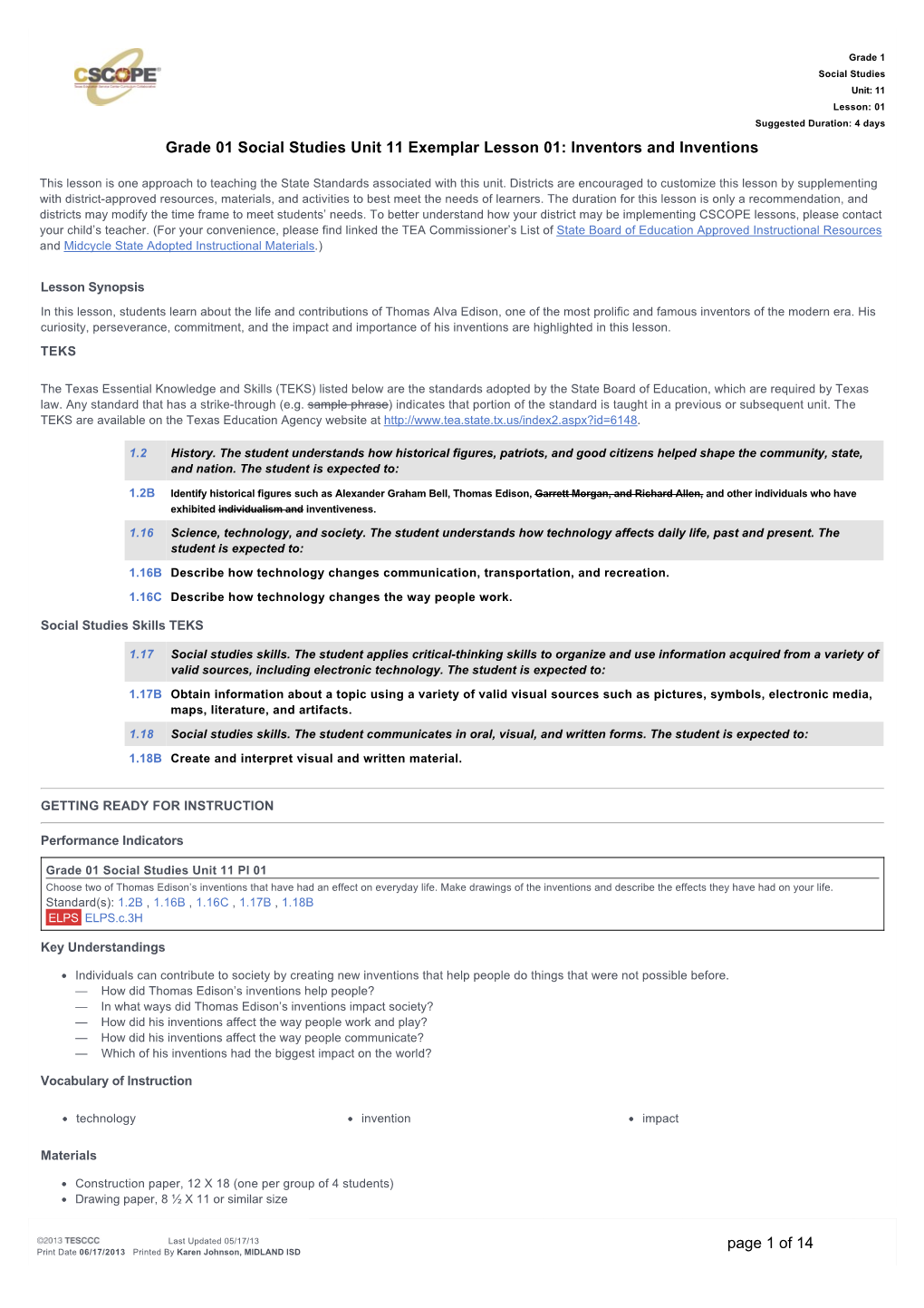 Grade 01 Social Studies Unit 11 Exemplar Lesson 01: Inventors and Inventions