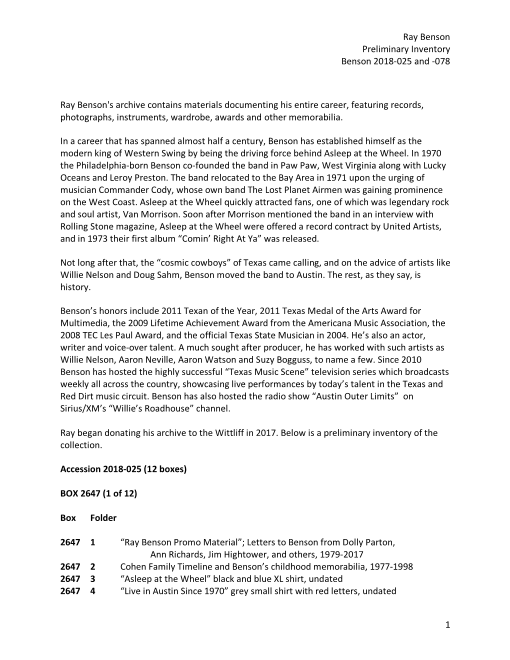 Ray Benson Preliminary Inventory Benson 2018-025 and -078 1 Ray