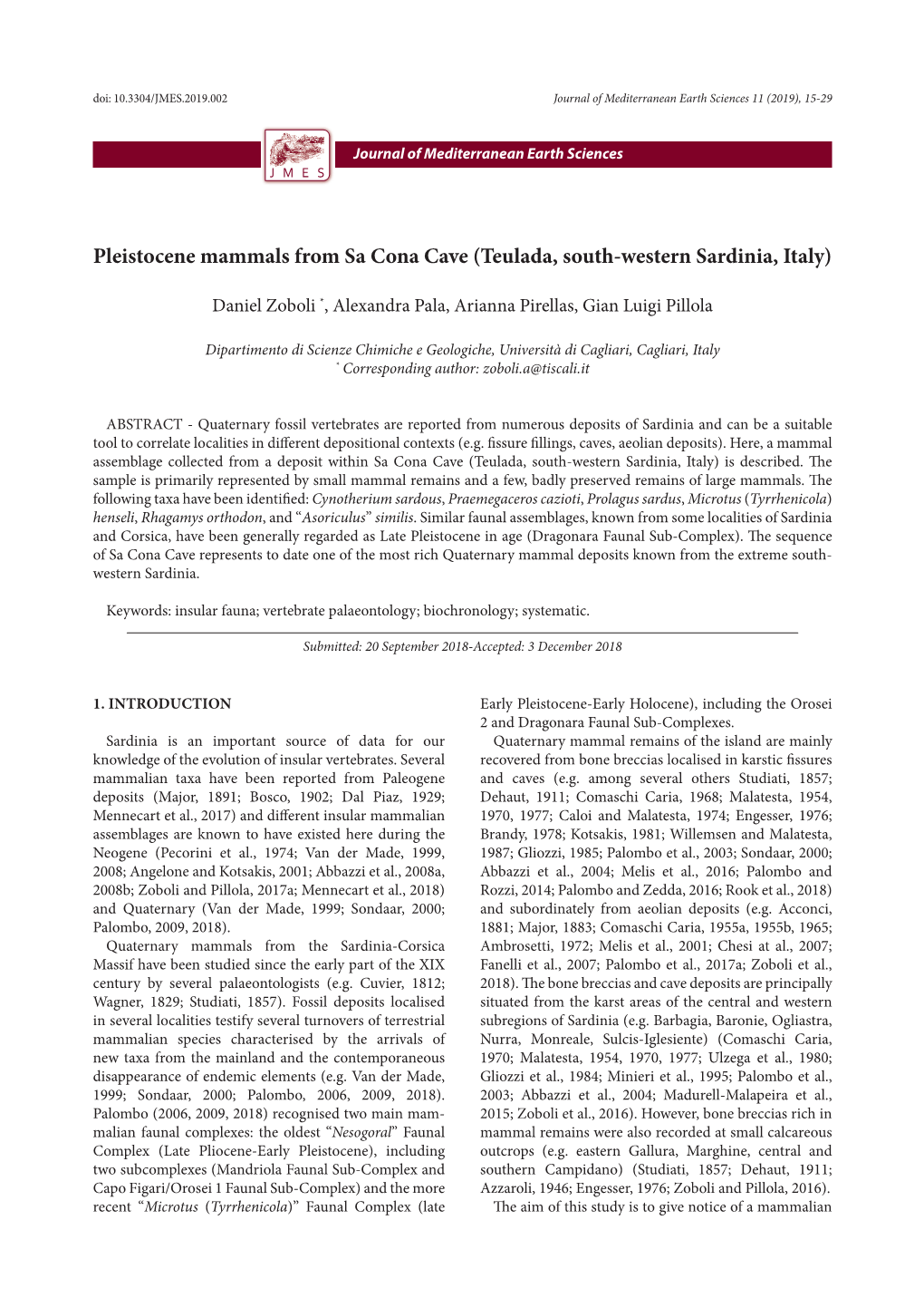 Pleistocene Mammals from Sa Cona Cave (Teulada, South-Western Sardinia, Italy)