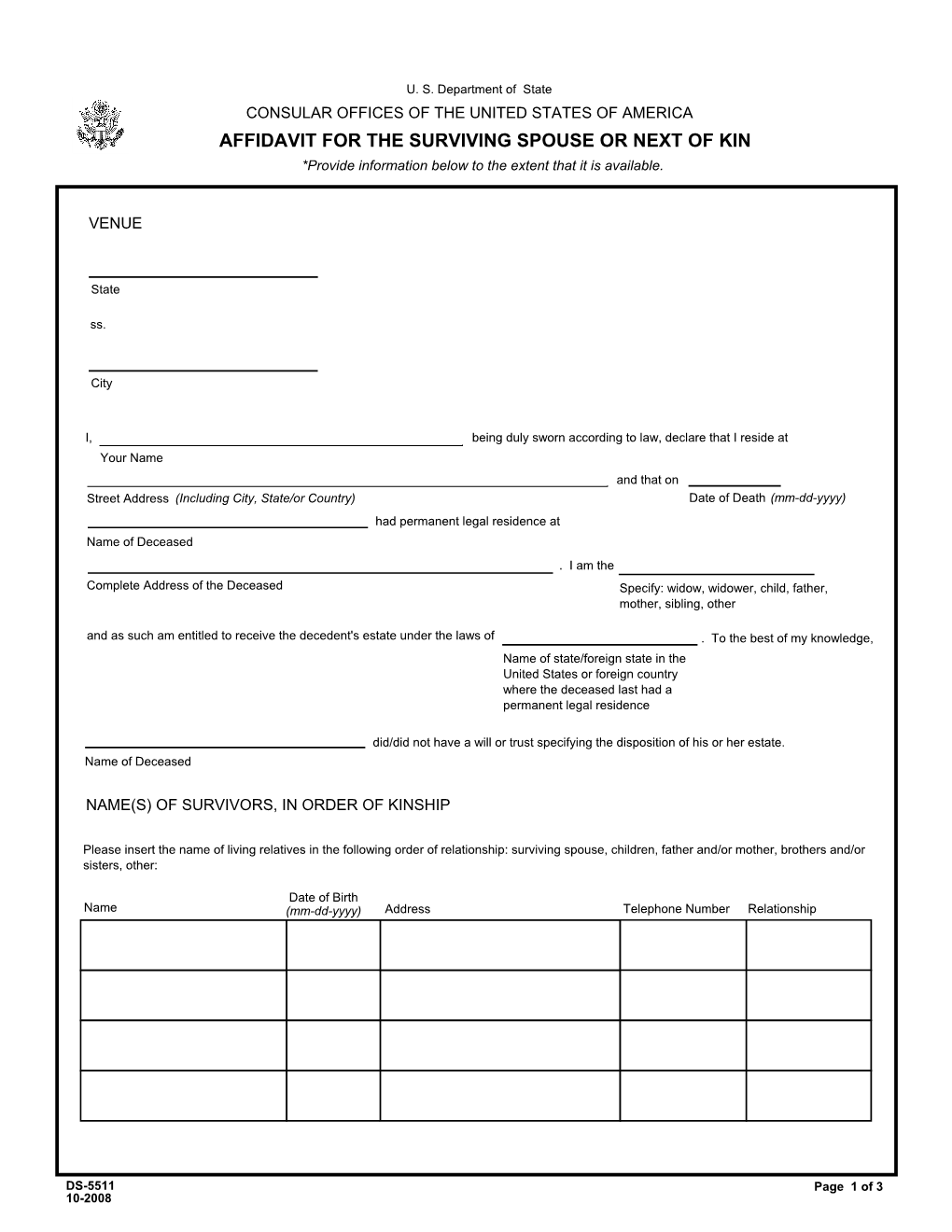 DS-5511 Affidavit for the Surviving Spouse Or Next Of