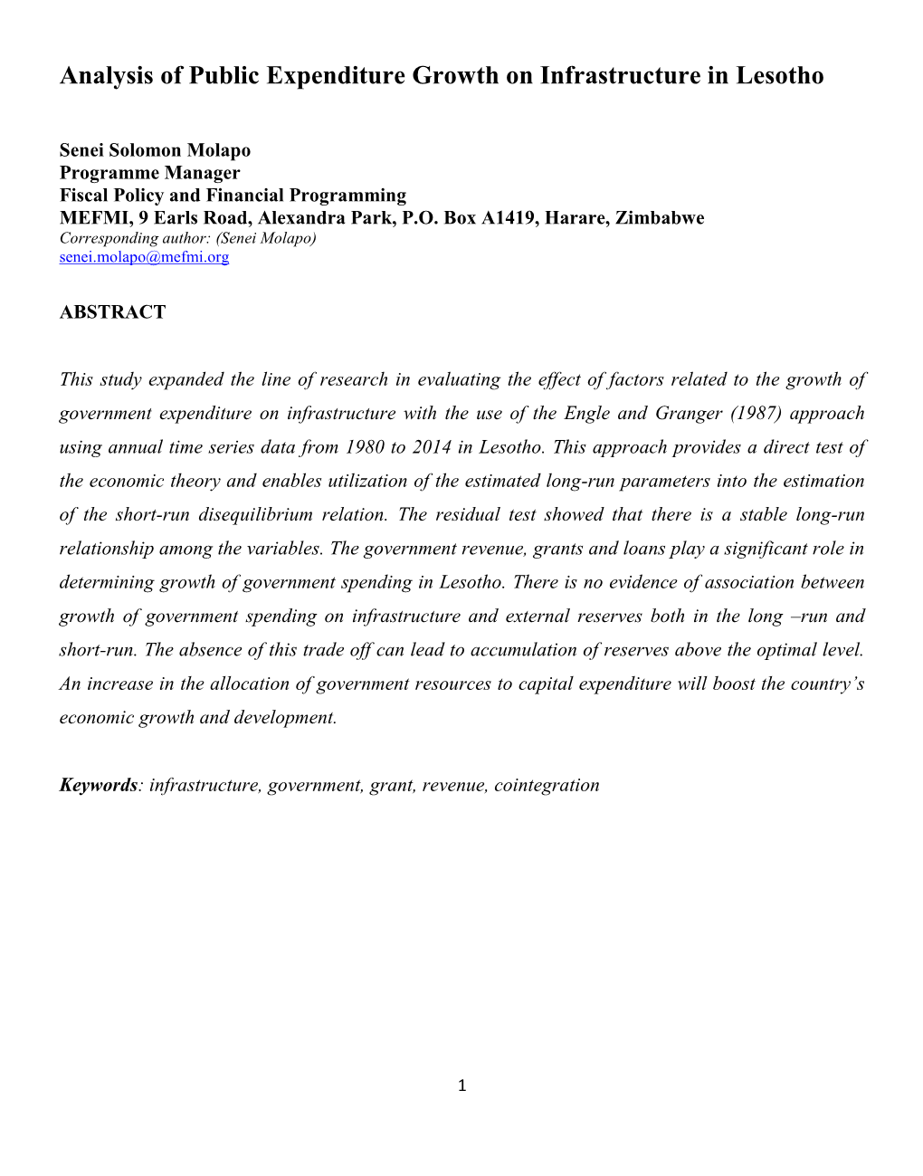 Analysis of Public Expenditure Growth on Infrastructure in Lesotho