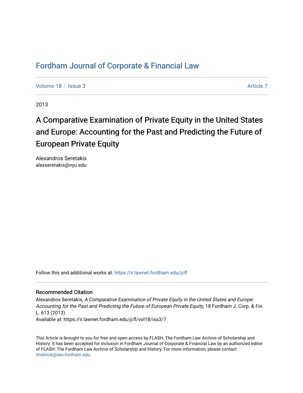 A Comparative Examination of Private Equity in the United States and Europe: Accounting for the Past and Predicting the Future of European Private Equity