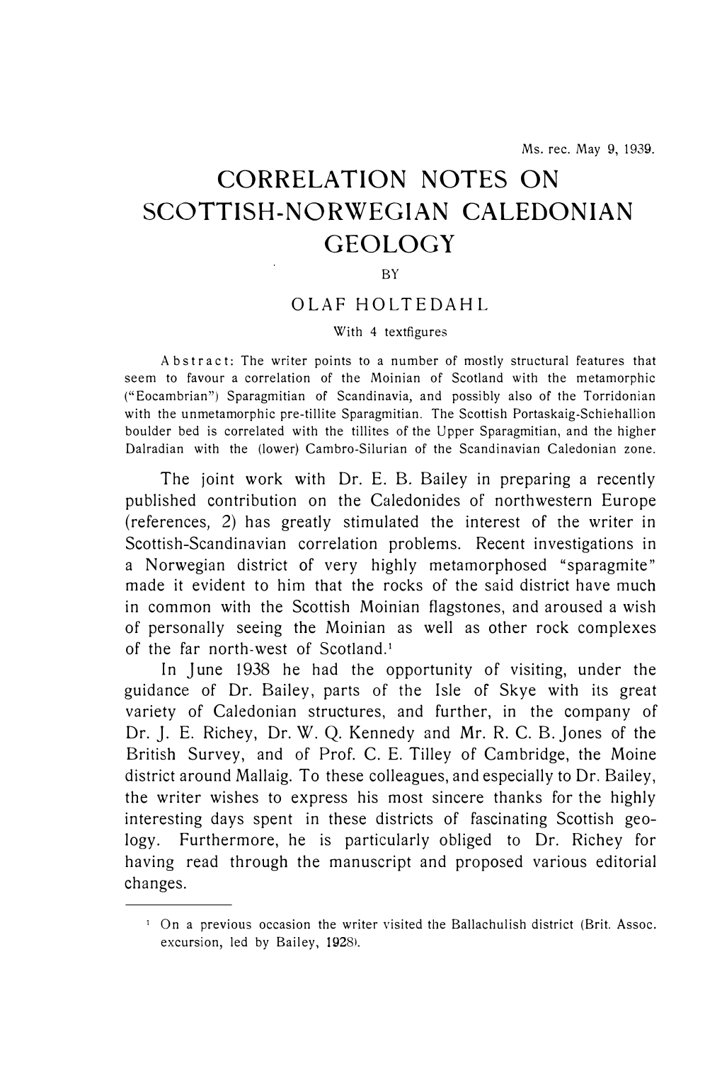 Correlation Notes on Scottish-Norwegian Caledonian Geology