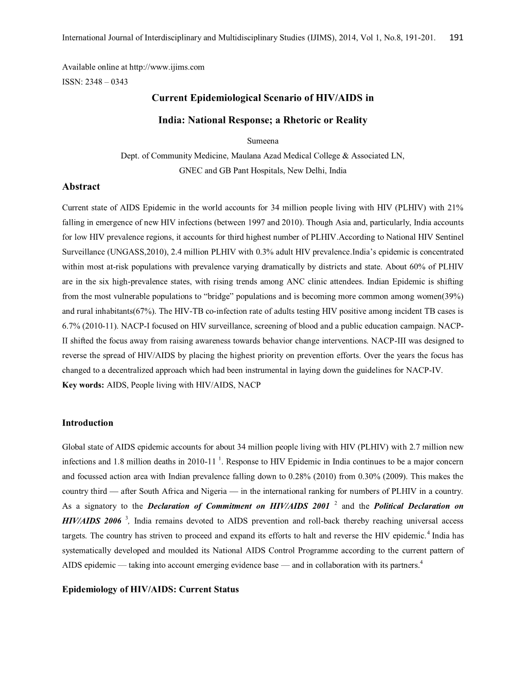 Current Epidemiological Scenario of HIV/AIDS in India: National