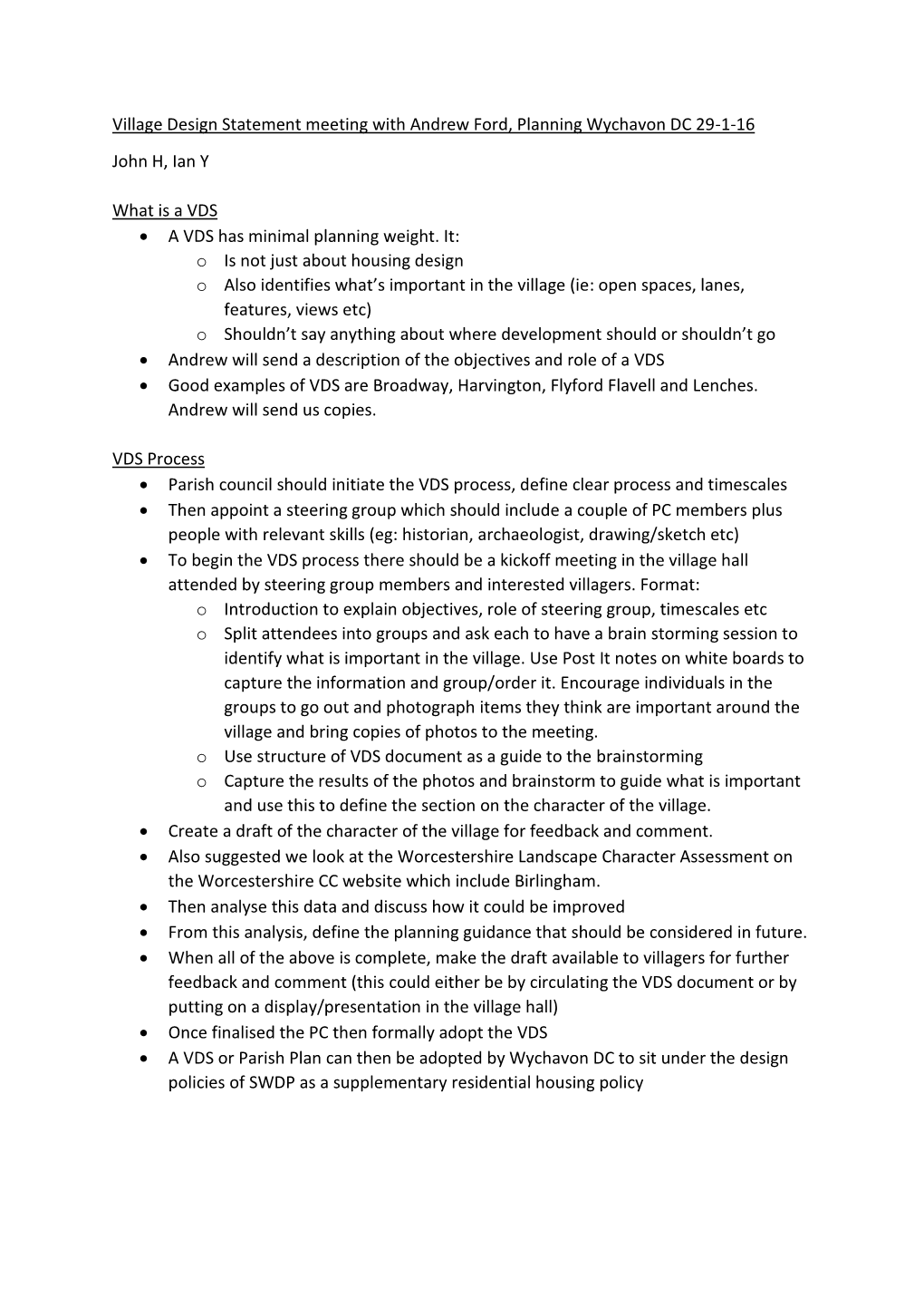 Village Design Statement Meeting with Andrew Ford, Planning Wychavon DC 29-1-16 John H, Ian Y