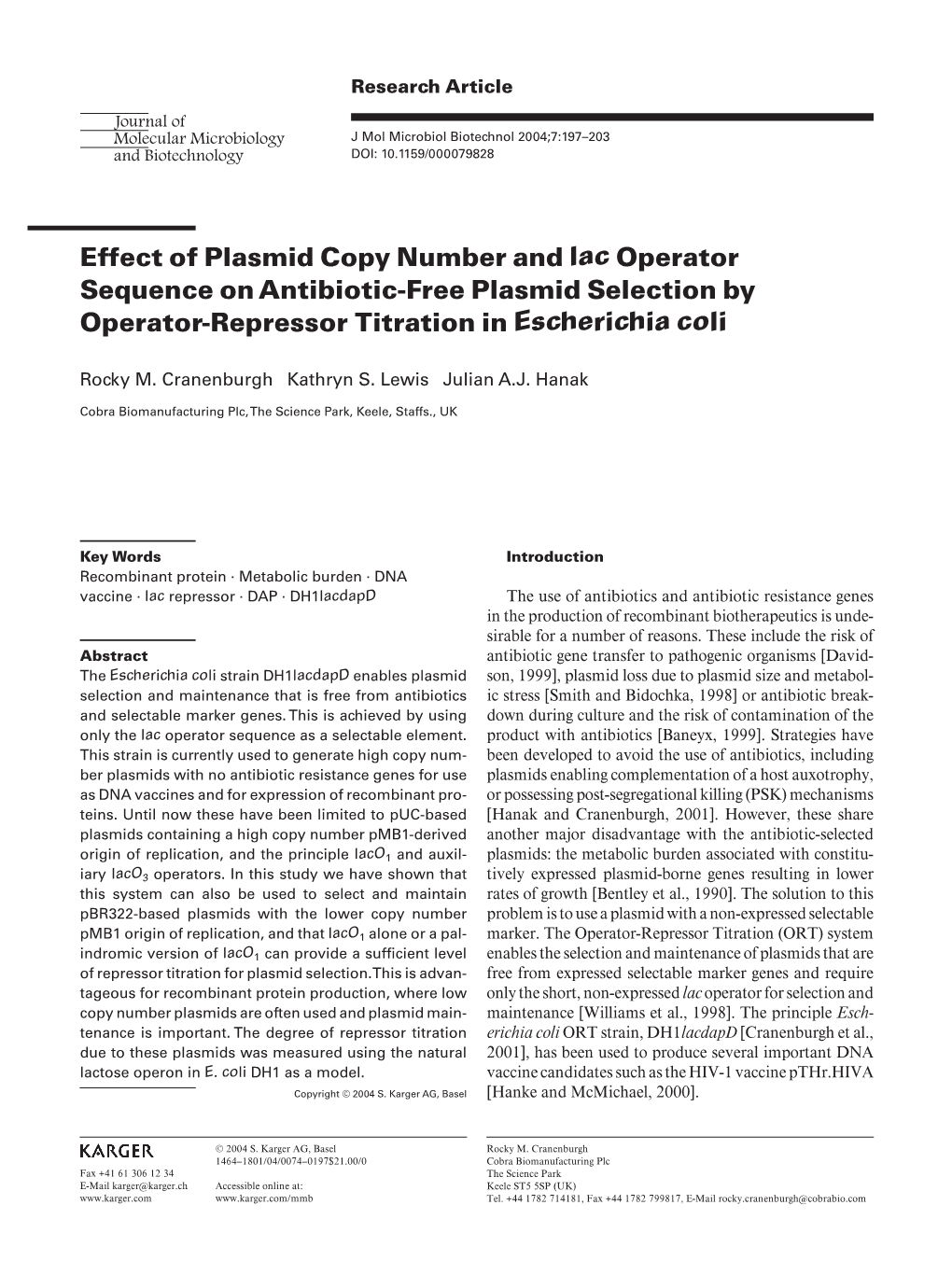 Effect of Plasmid Copy Number and Lac Operator Sequence on Antibiotic-Free Plasmid Selection by Operator-Repressor Titration in Escherichia Coli