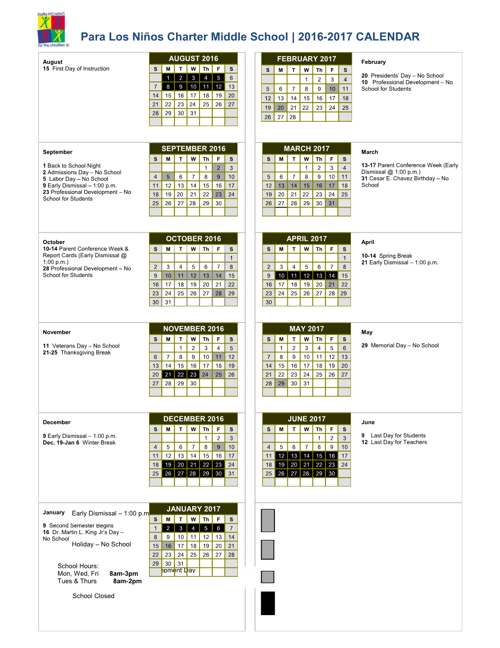 Para Los Niños Charter Middle School 2016-2017 CALENDAR