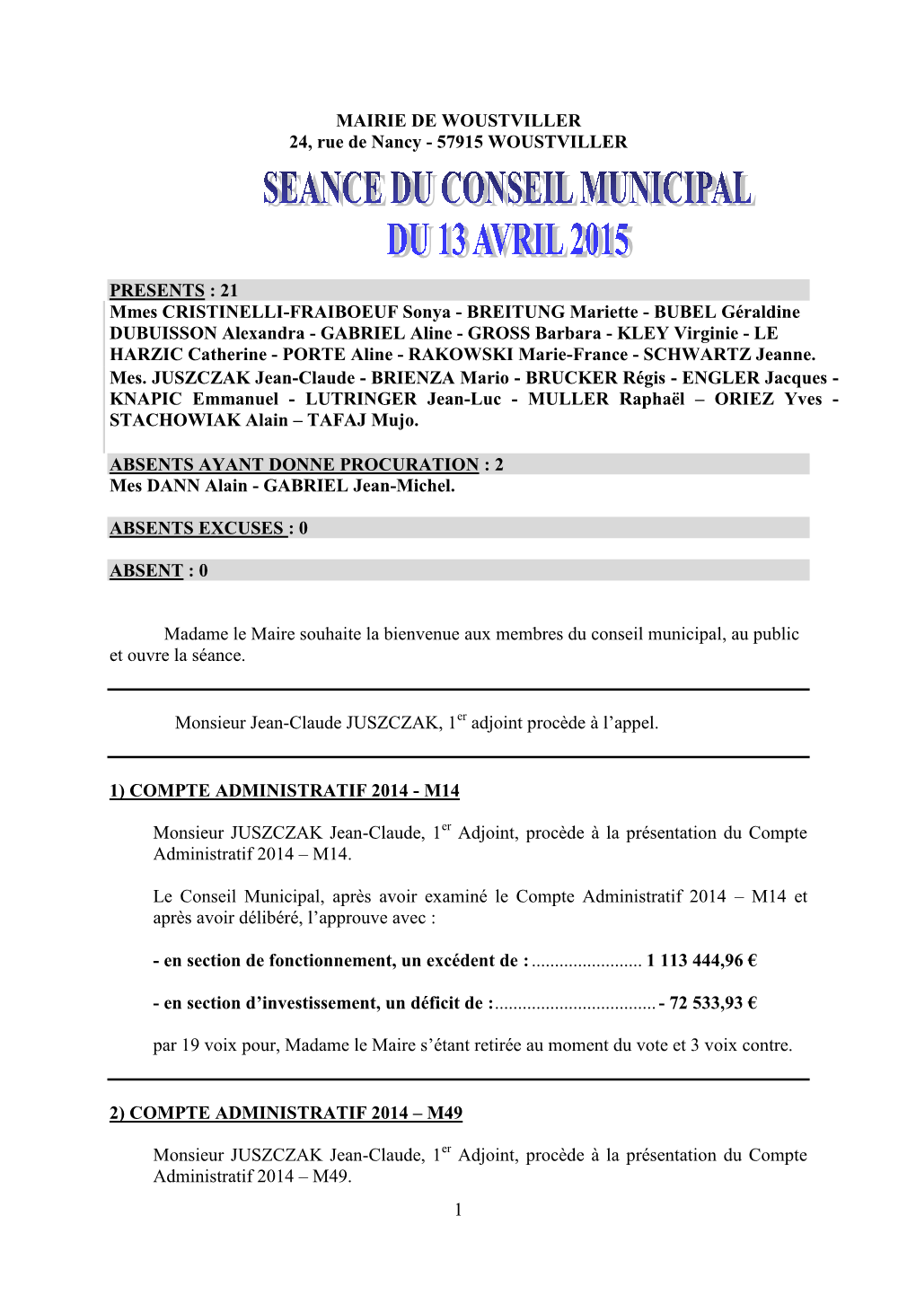 Seance Du Conseil Municipal Du 13.04.2015