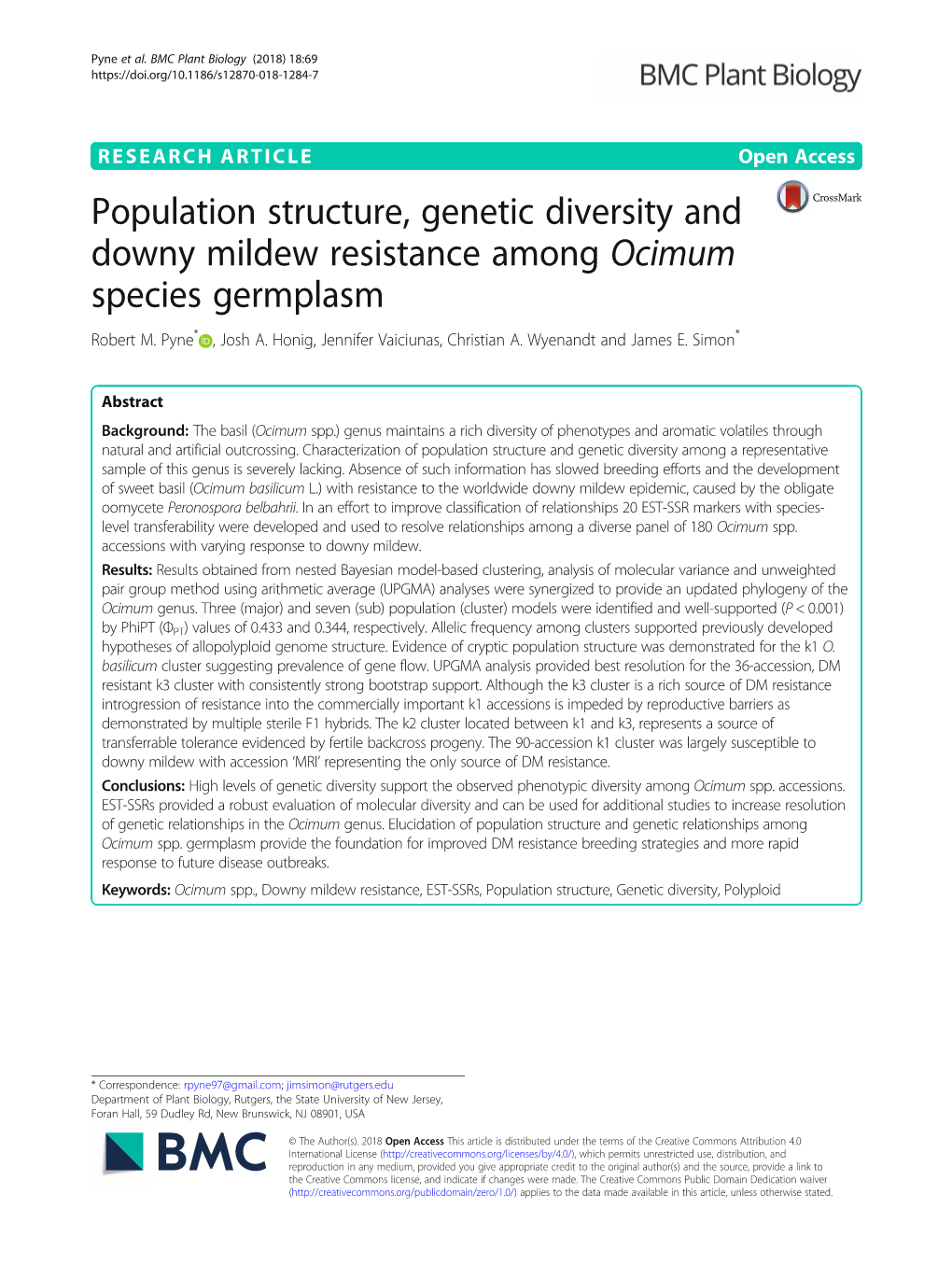 Population Structure, Genetic Diversity and Downy Mildew Resistance Among Ocimum Species Germplasm Robert M