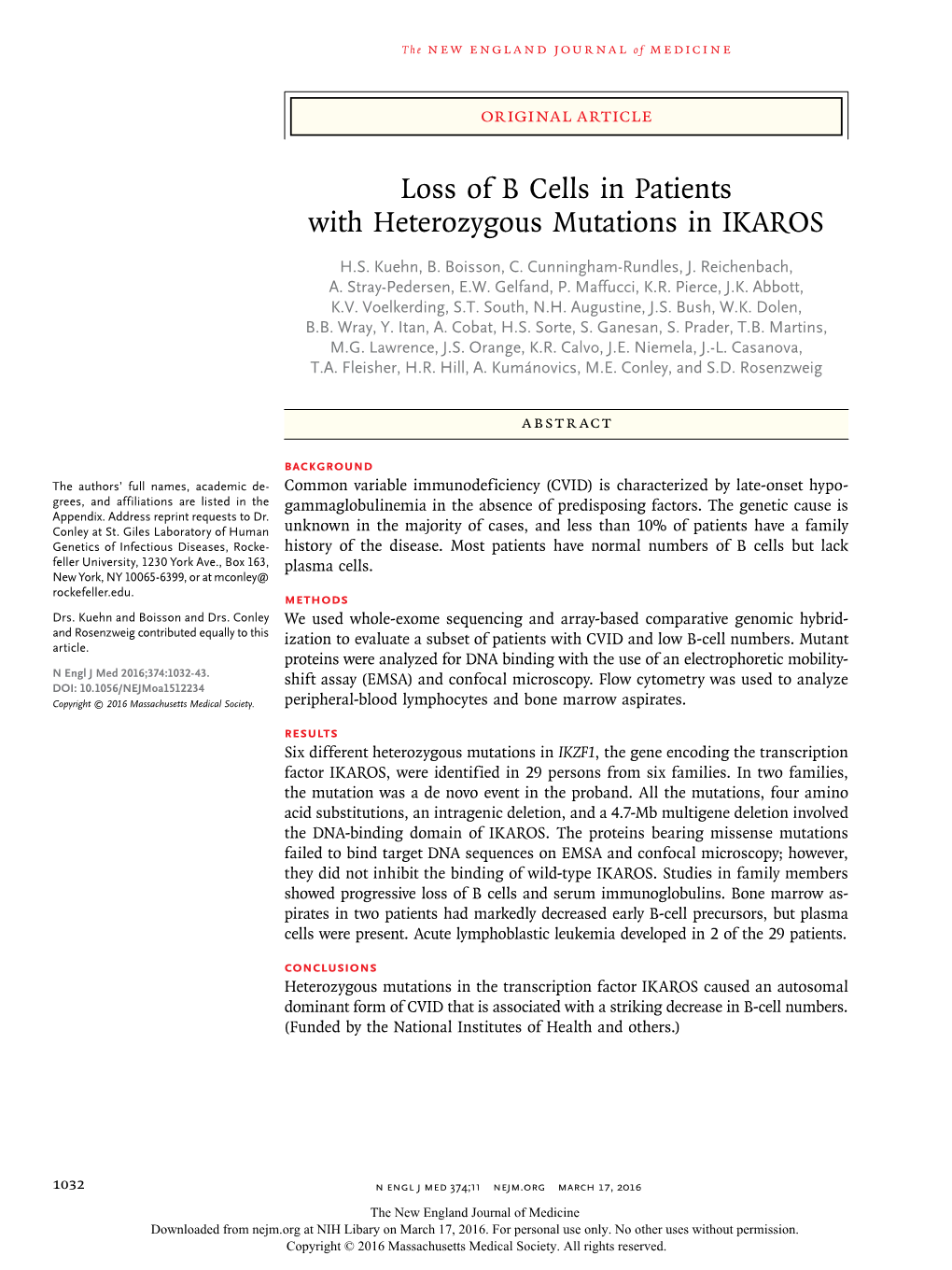 Loss of B Cells in Patients with Heterozygous Mutations in IKAROS