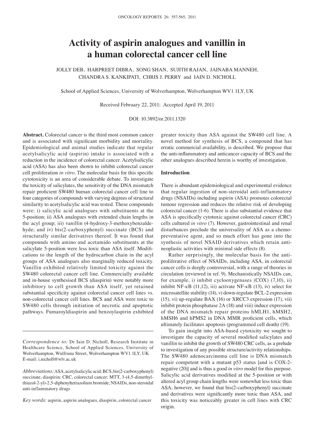 Activity of Aspirin Analogues and Vanillin in a Human Colorectal Cancer Cell Line