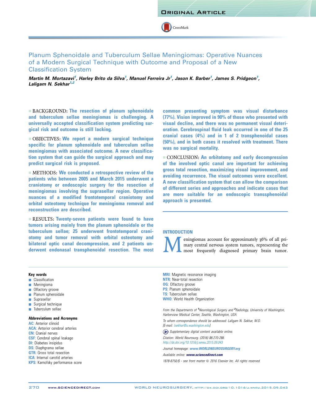 Planum Sphenoidale and Tuberculum Sellae Meningiomas: Operative