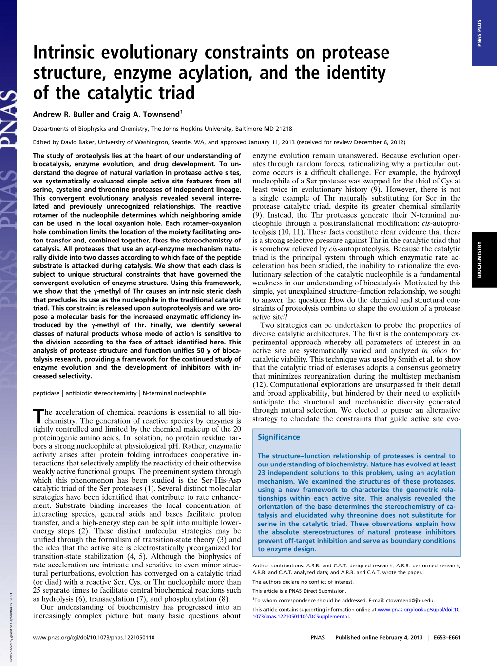 Intrinsic Evolutionary Constraints on Protease Structure, Enzyme