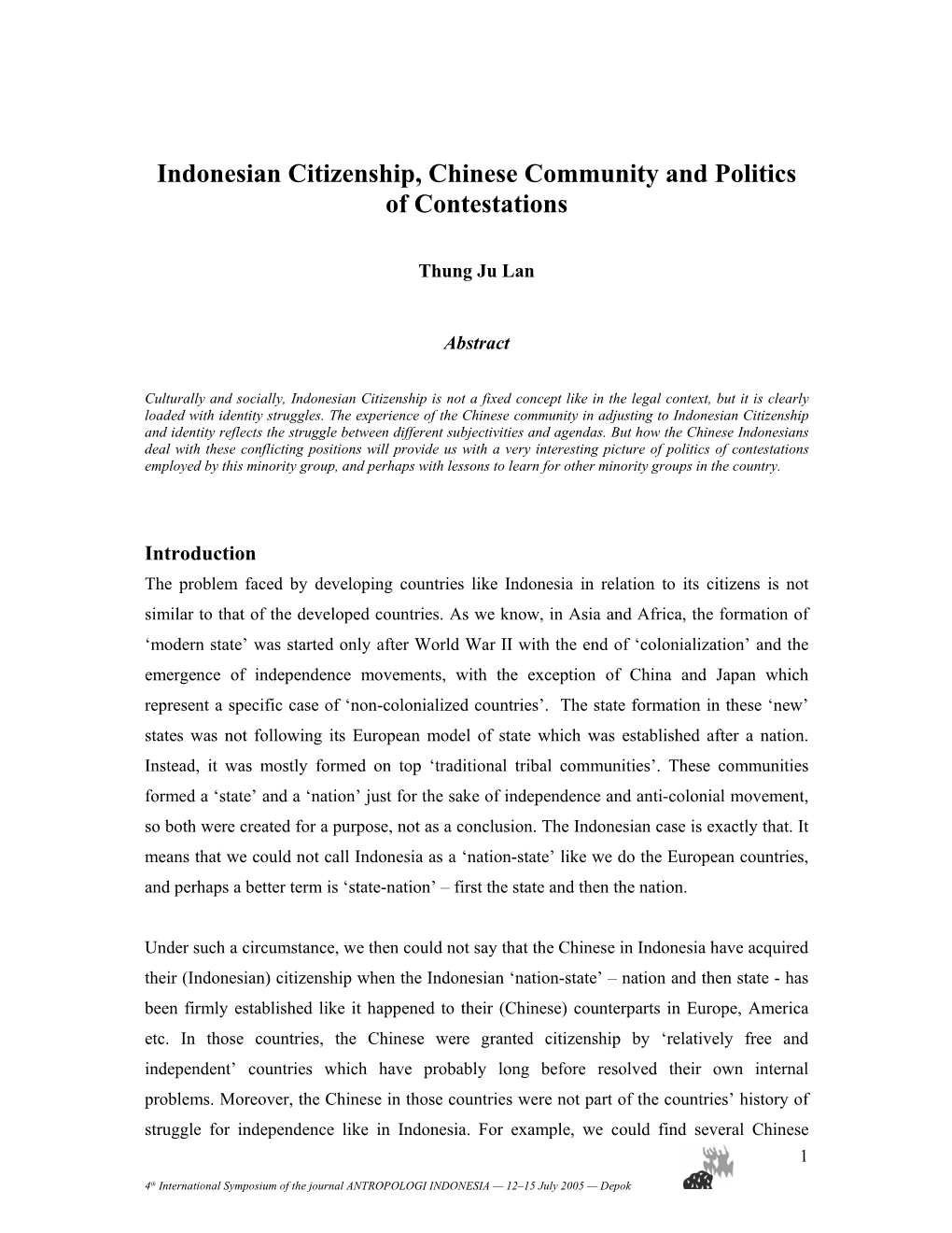 Indonesian Citizenship, Chinese Community and Politics of Contestations