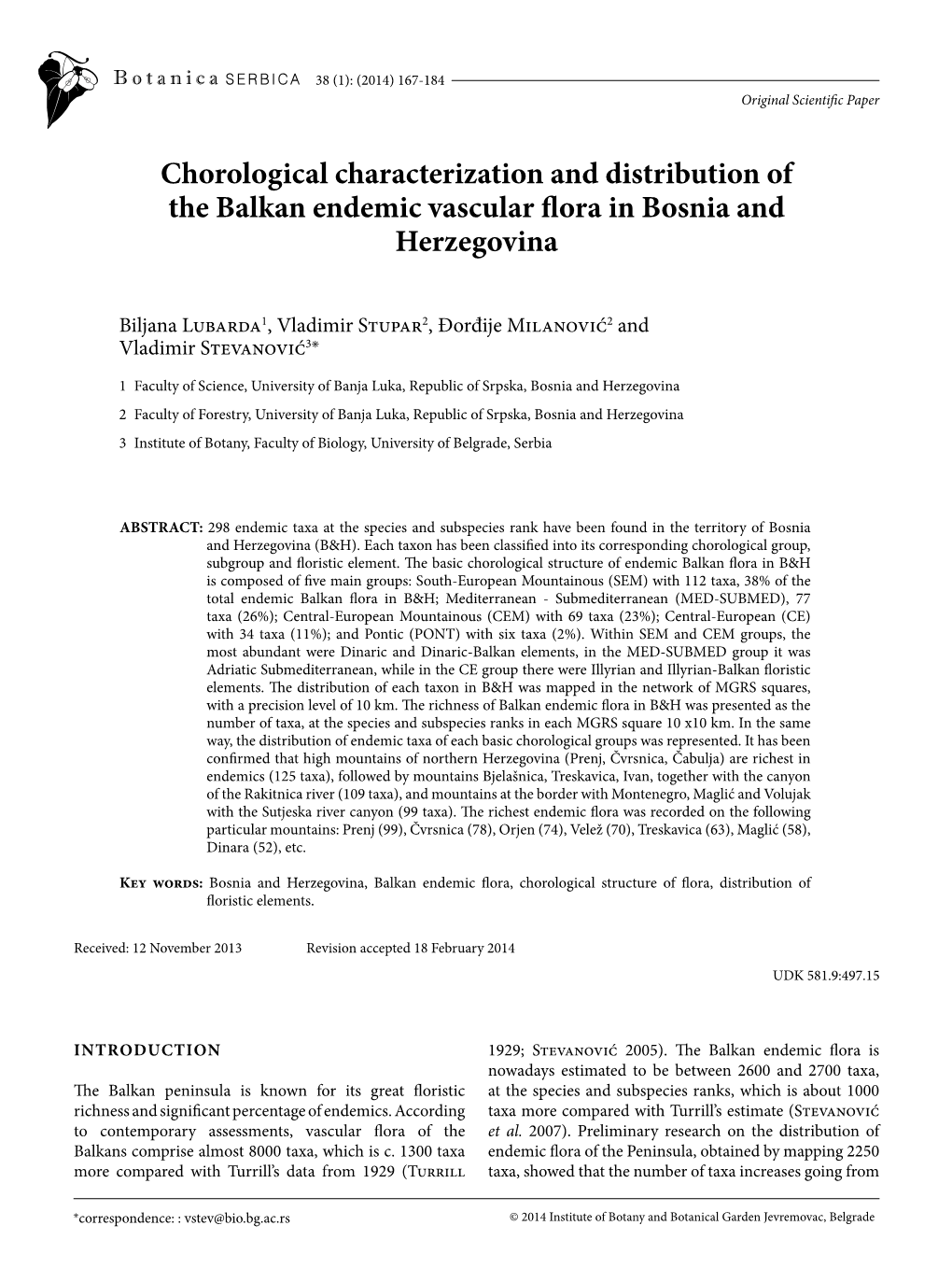 Chorological Characterization and Distribution of the Balkan Endemic Vascular Flora in Bosnia and Herzegovina