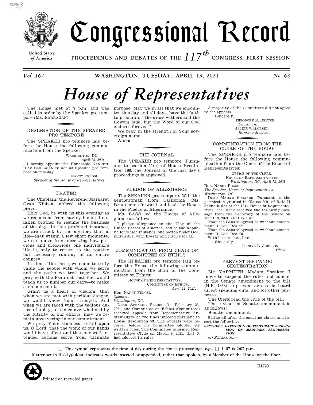 Congressional Record United States Th of America PROCEEDINGS and DEBATES of the 117 CONGRESS, FIRST SESSION