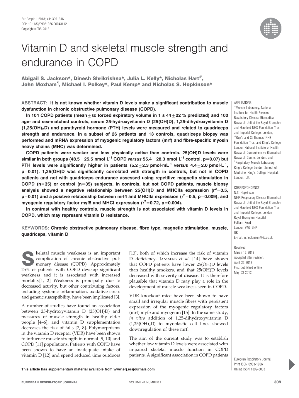 Vitamin D and Skeletal Muscle Strength and Endurance in COPD
