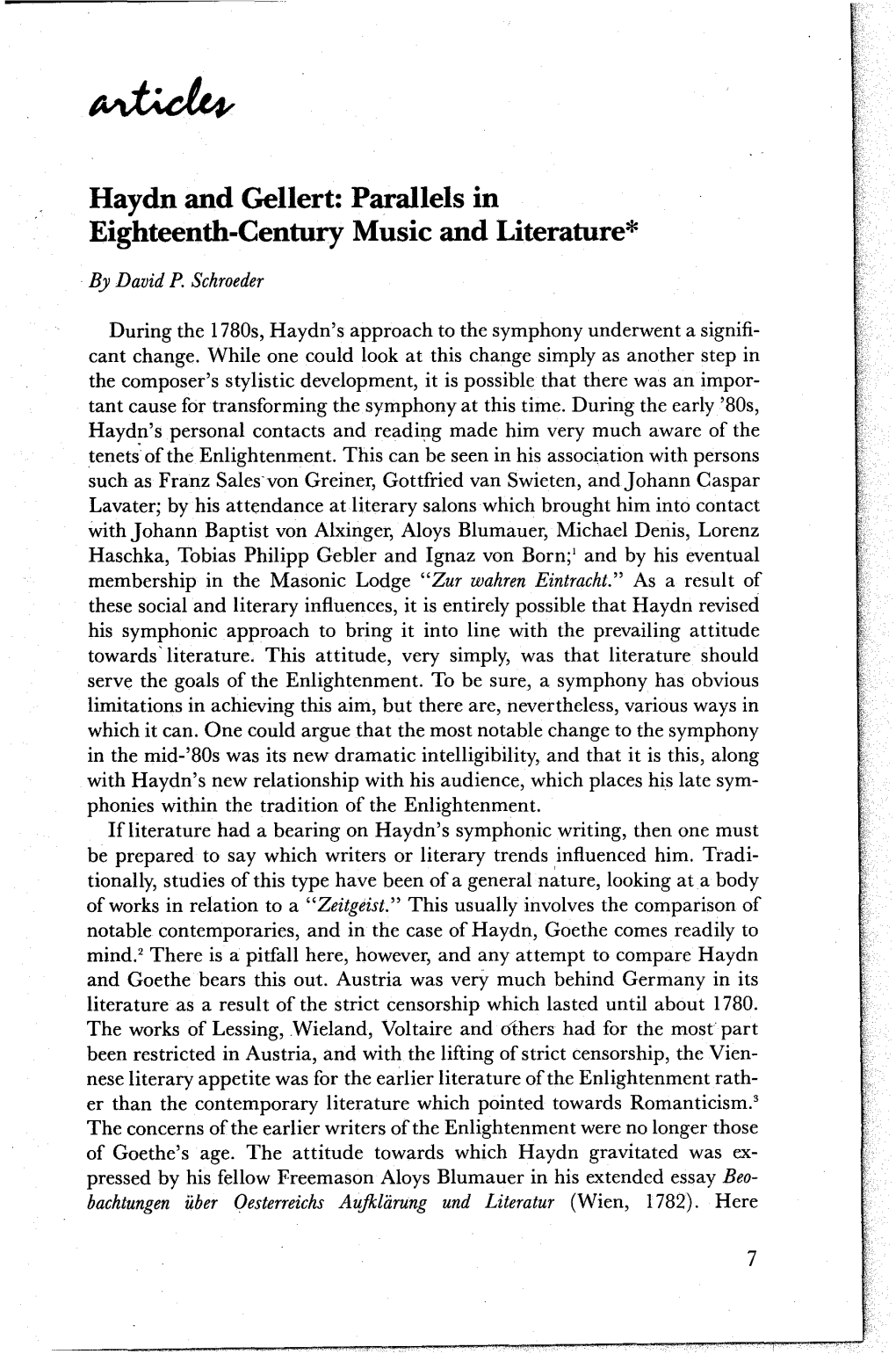 Haydn and Gellert: Parallels in Eighteenth-Century Music and Literature*