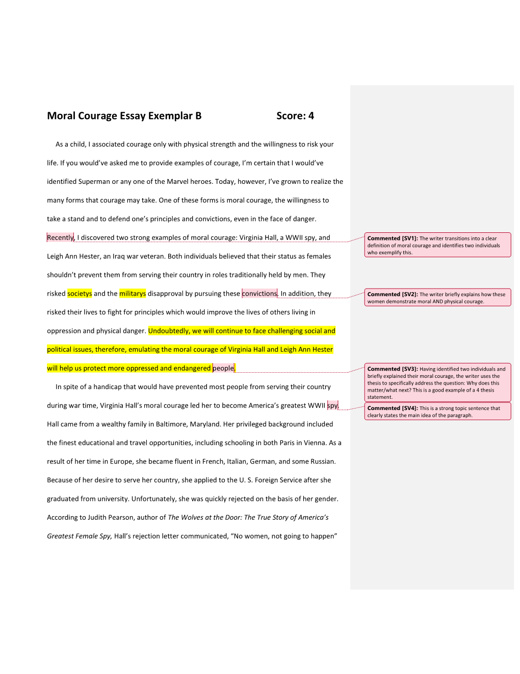 Moral Courage Essay Exemplar B Score: 4