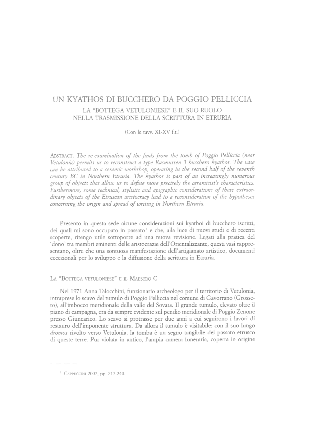 Un Kyathos Di Bucchero Da Poggio Pelliccia La “Bottega Vetuloniese” E Il Suo Ruolo Nella Trasmissione Della Scrittura in Etruria