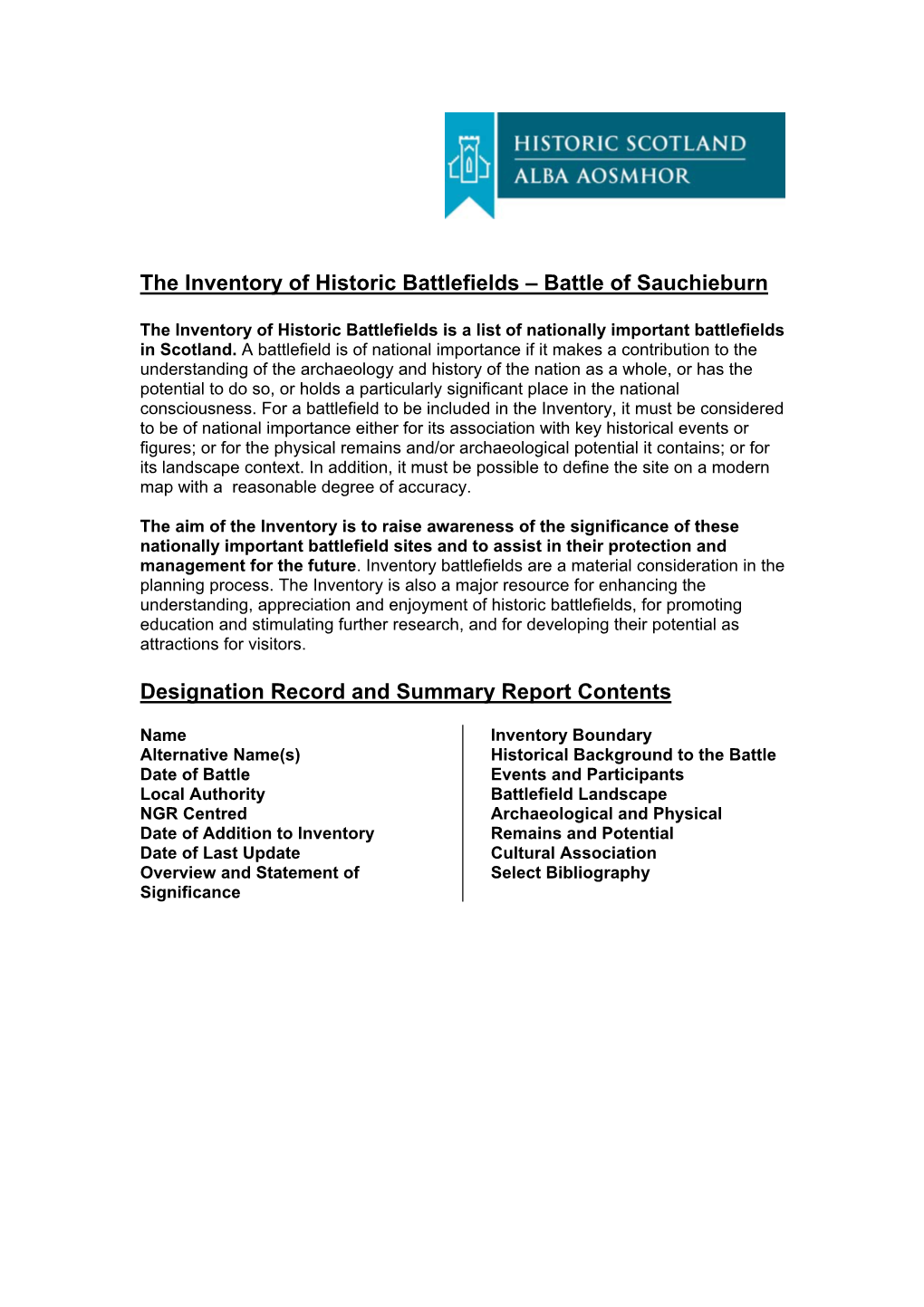 The Inventory of Historic Battlefields – Battle of Sauchieburn Designation