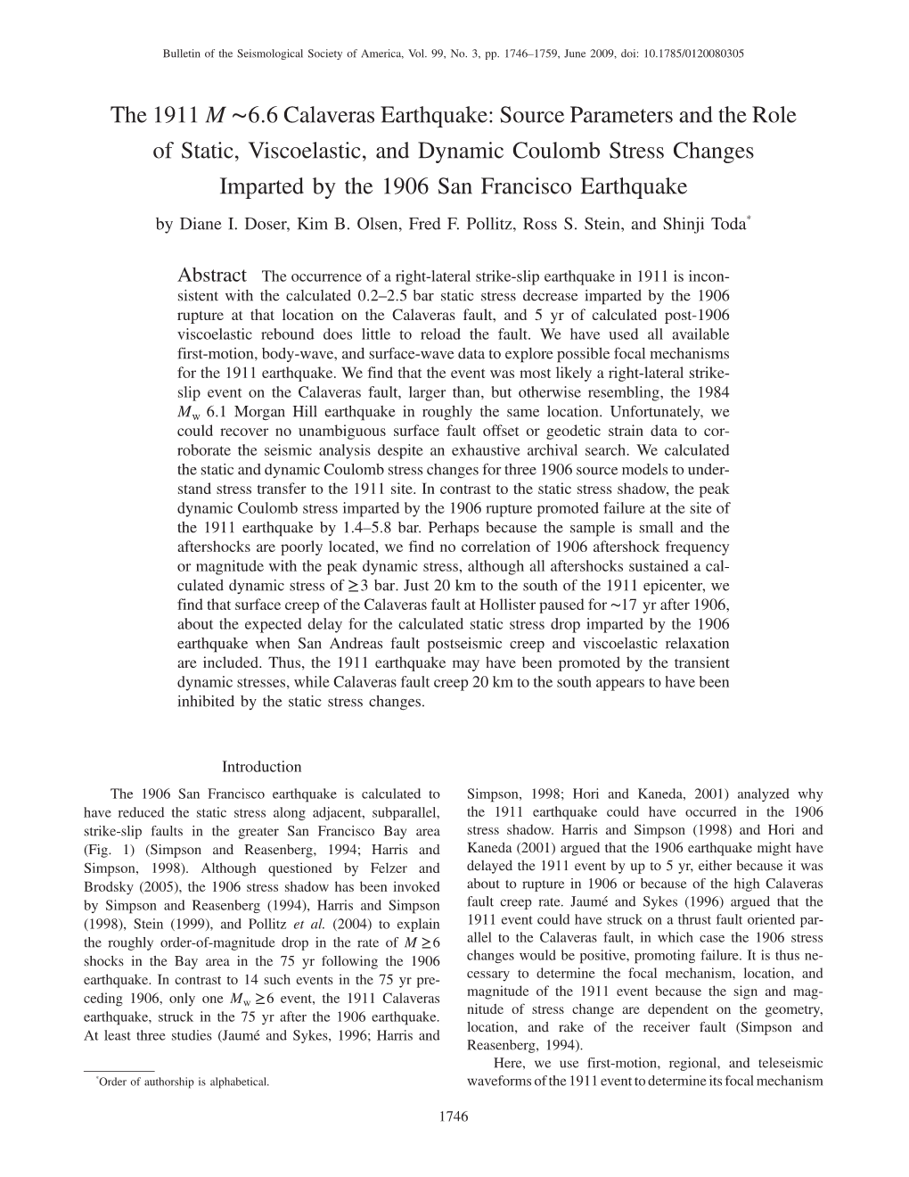 The 1911 M ∼6:6 Calaveras Earthquake