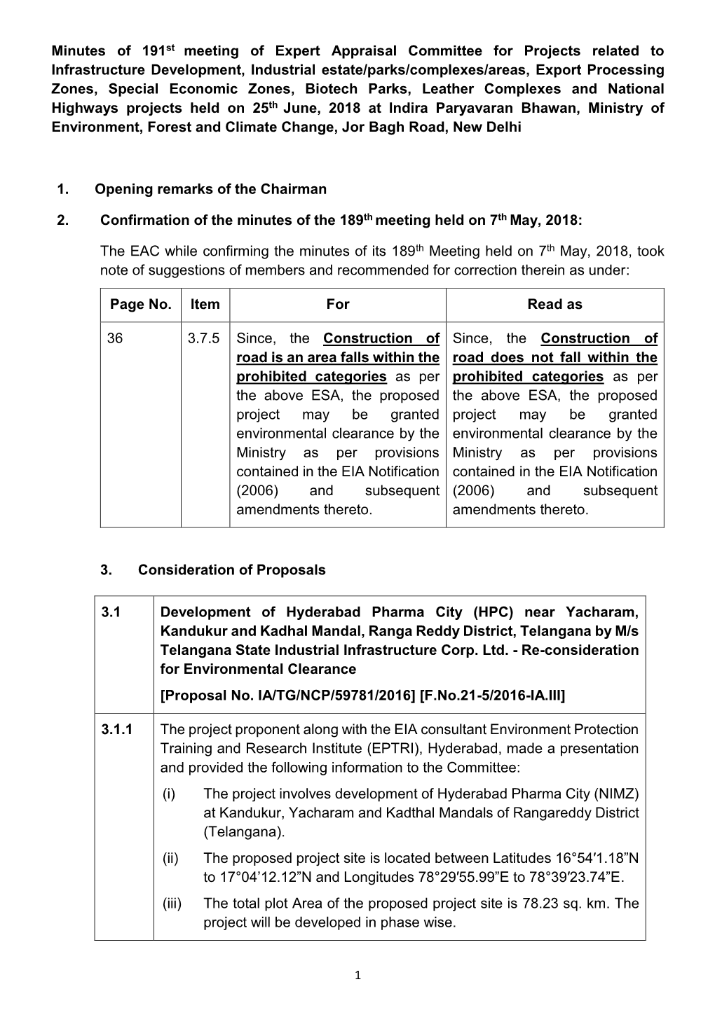 Minutes of 191St Meeting of Expert Appraisal Committee for Projects