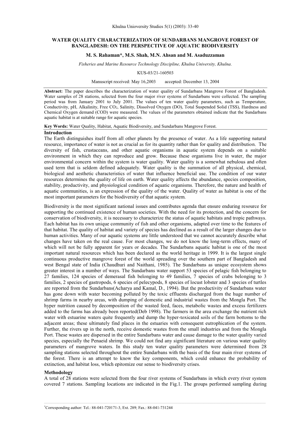 Water Quality Characterization of Sundarbans Mangrove Forest of Bangladesh: on the Perspective of Aquatic Biodiversity