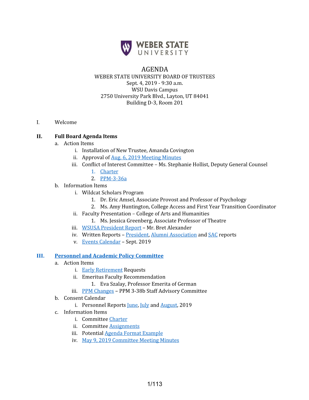 AGENDA WEBER STATE UNIVERSITY BOARD of TRUSTEES Sept