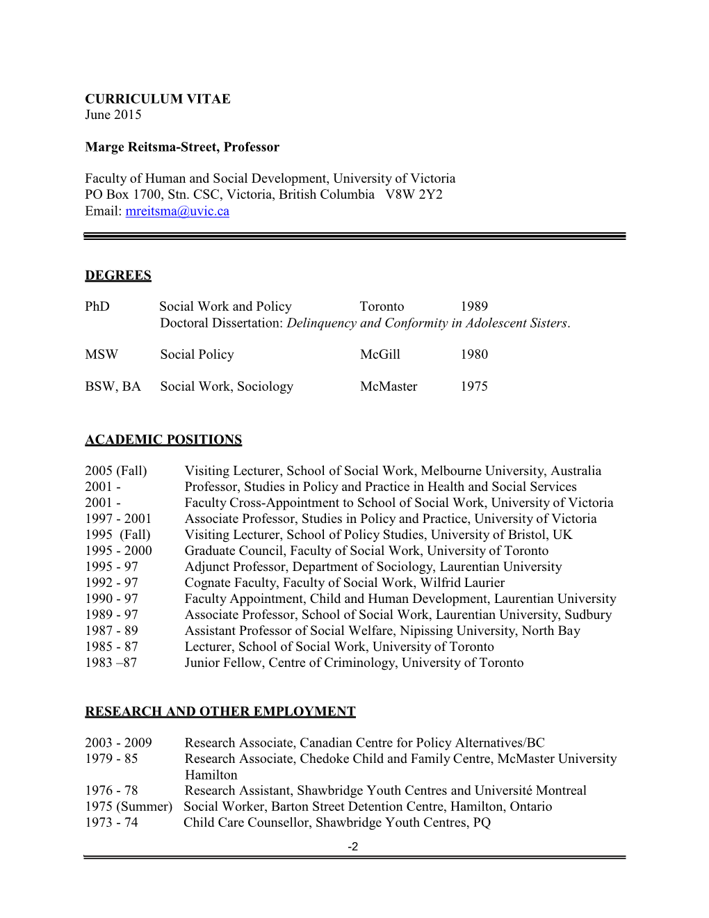 CURRICULUM VITAE June 2015