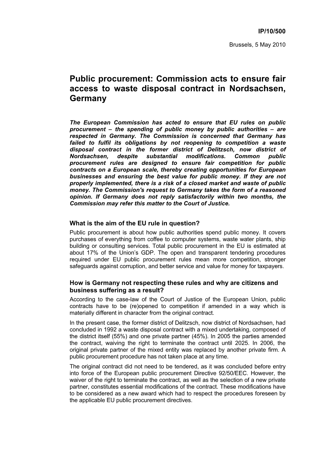 Public Procurement: Commission Acts to Ensure Fair Access to Waste Disposal Contract in Nordsachsen, Germany