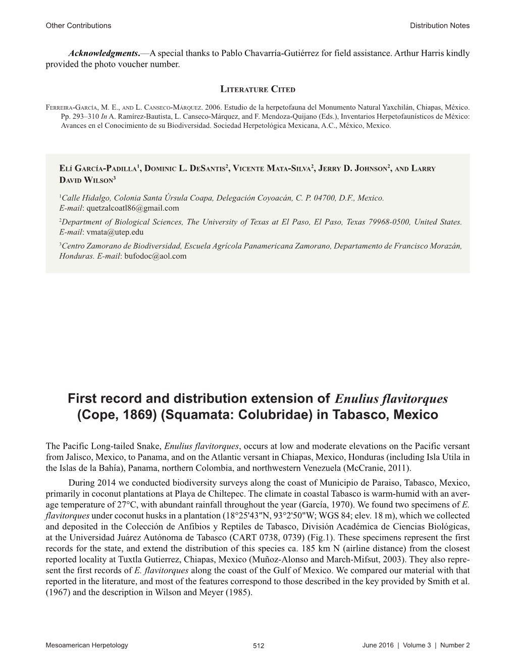 First Record and Distribution Extension of Enulius Flavitorques (Cope, 1869) (Squamata: Colubridae) in Tabasco, Mexico