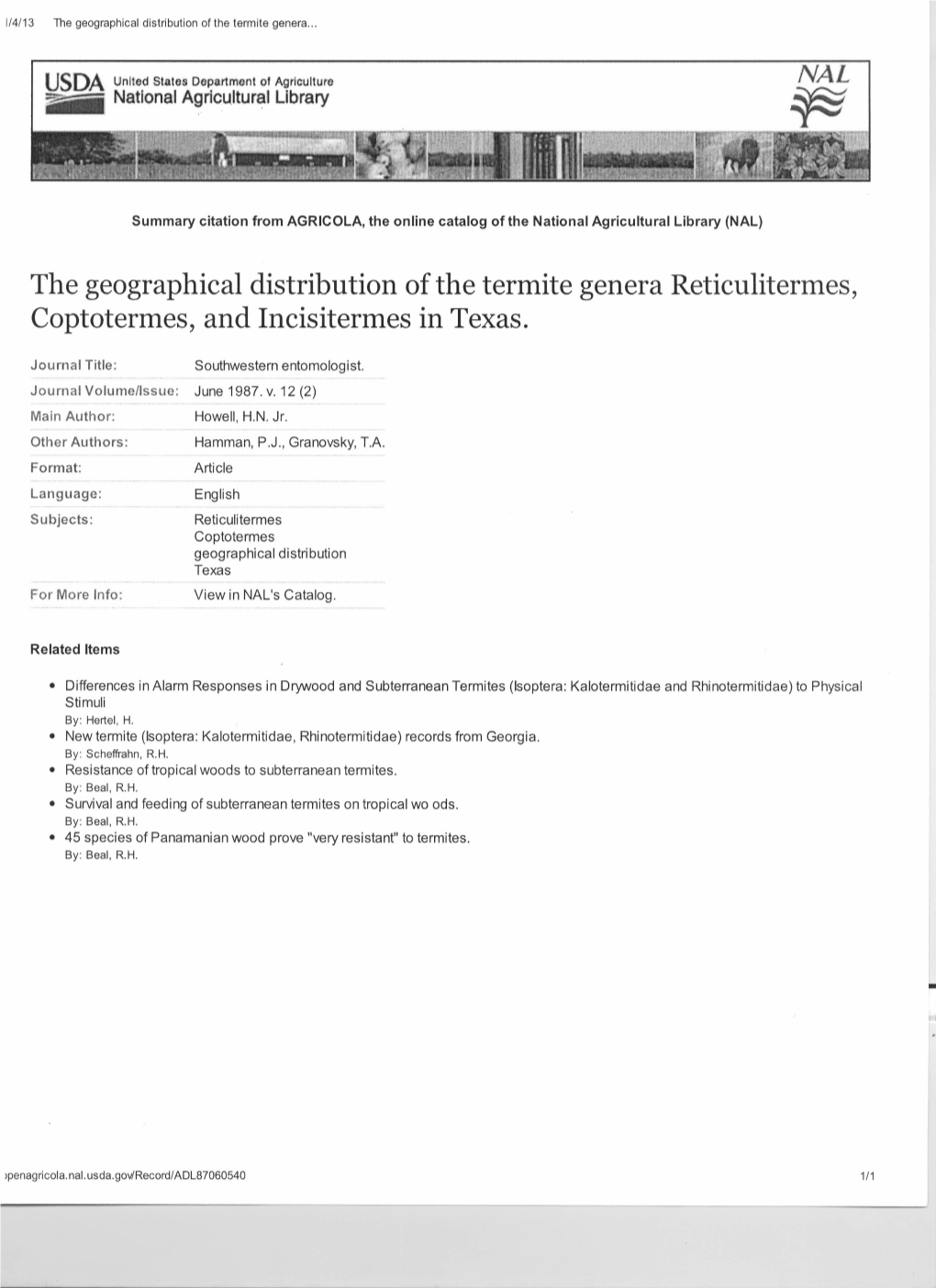 The Geographical Distribution Ofthe Termite Genera Reticulitermes