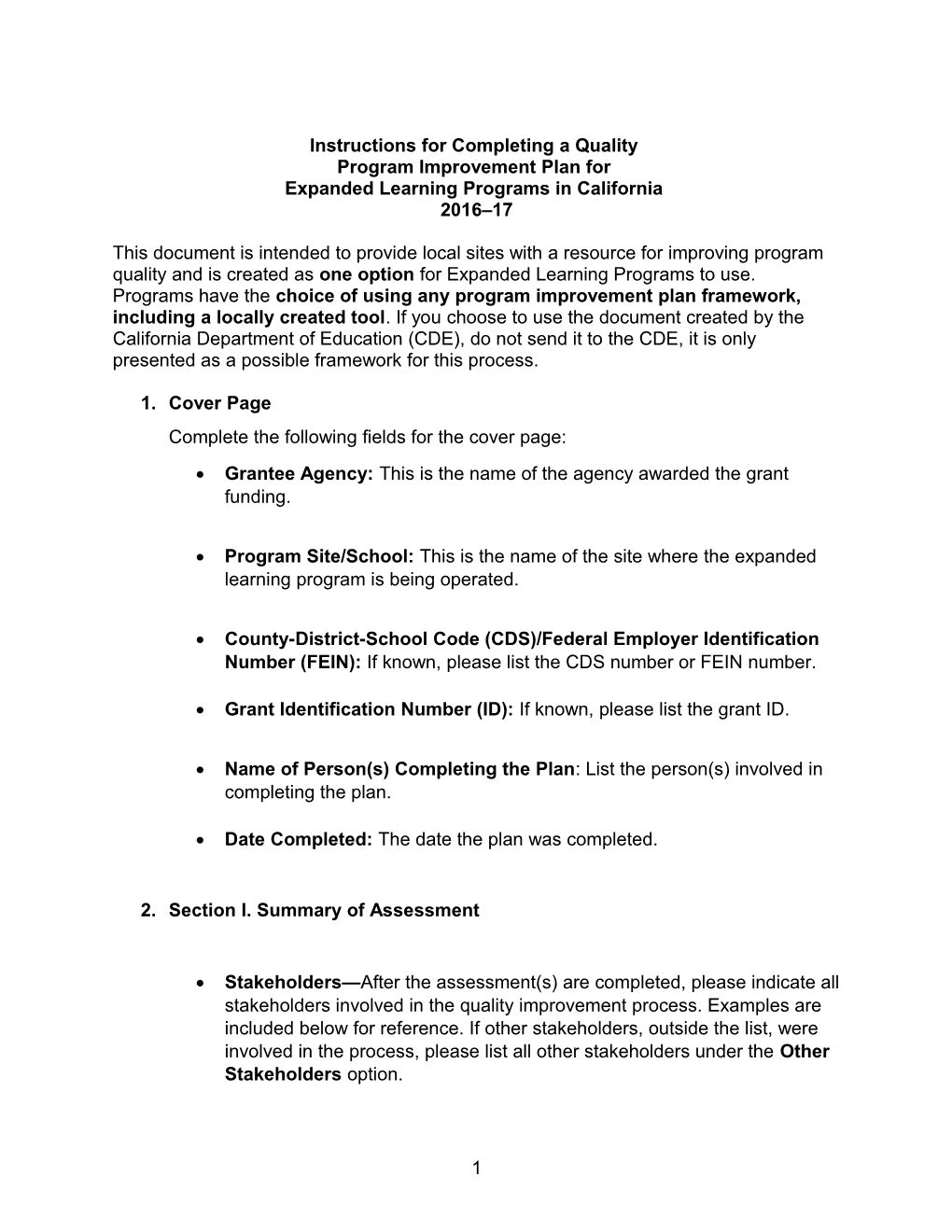 Expanded Learning - Quality Improvement Plan Instructions (CA Dept of Education)