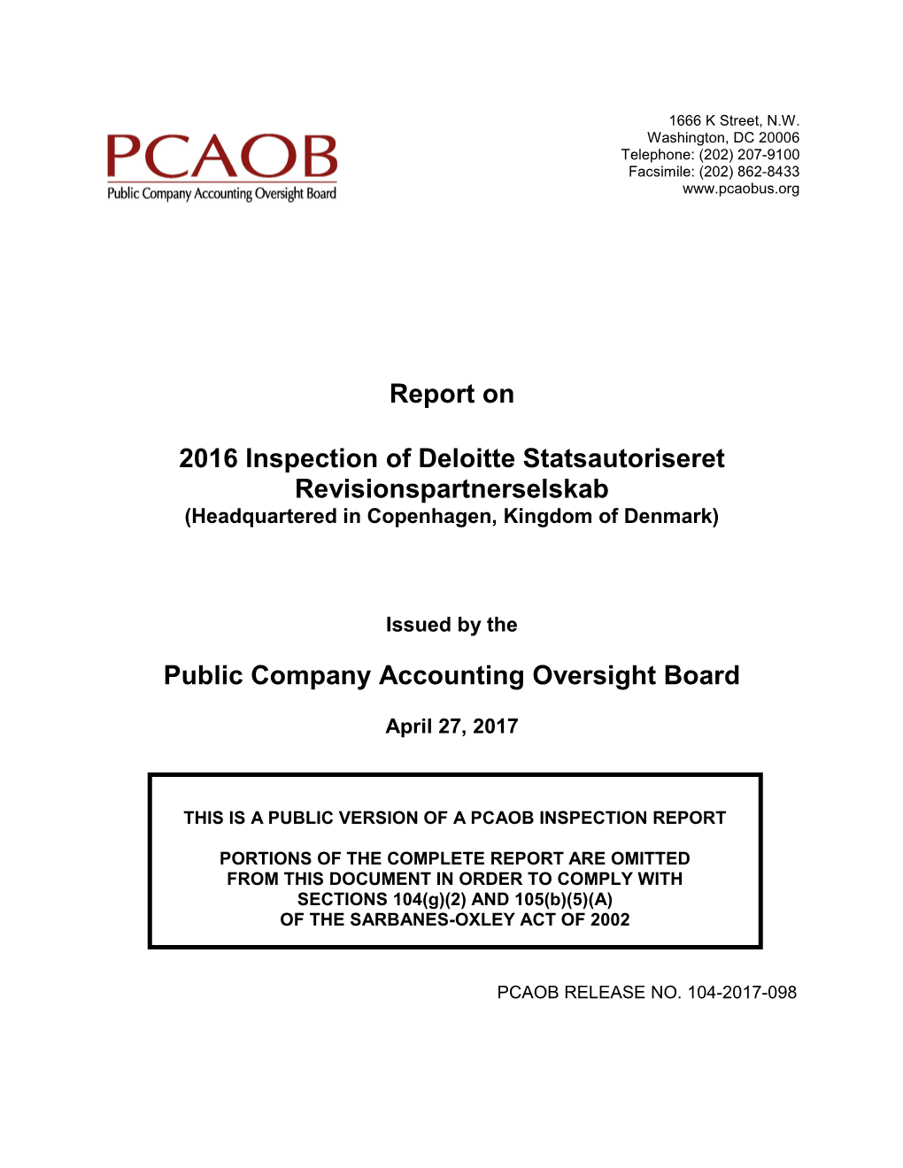 Report on 2016 Inspection of Deloitte Statsautoriseret Revisionspartnerselskab Public Company Accounting Oversight Board