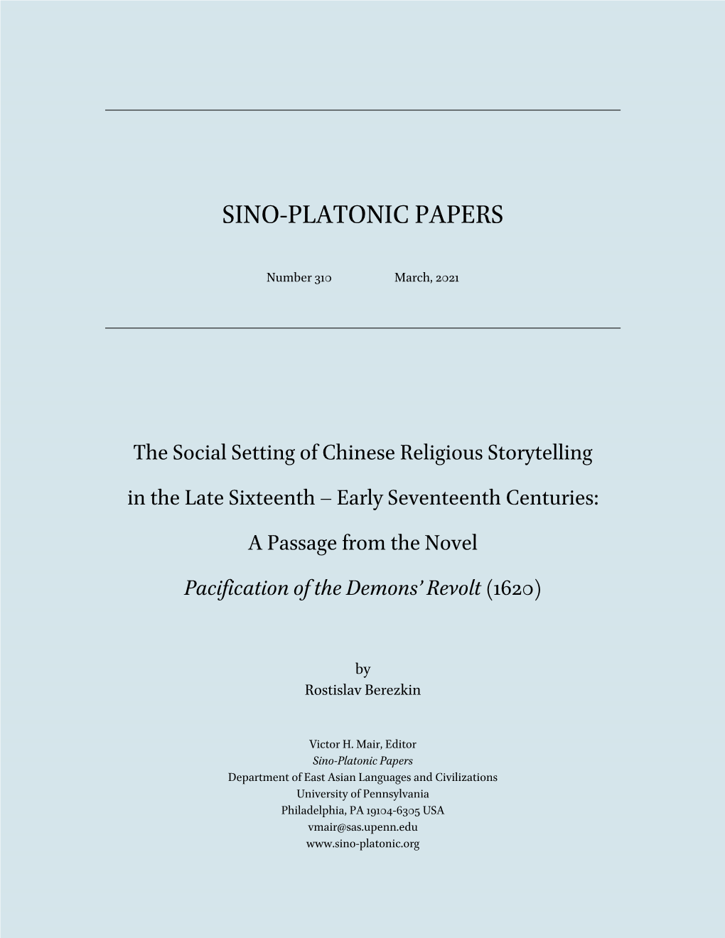 The Social Setting of Chinese Religious