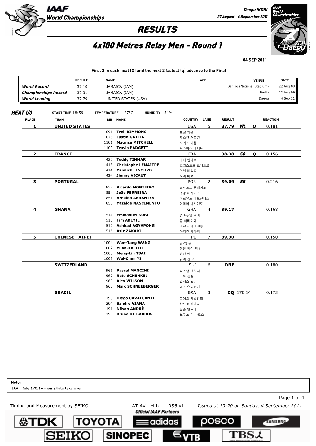 RESULTS 4X100 Metres Relay Men - Round 1