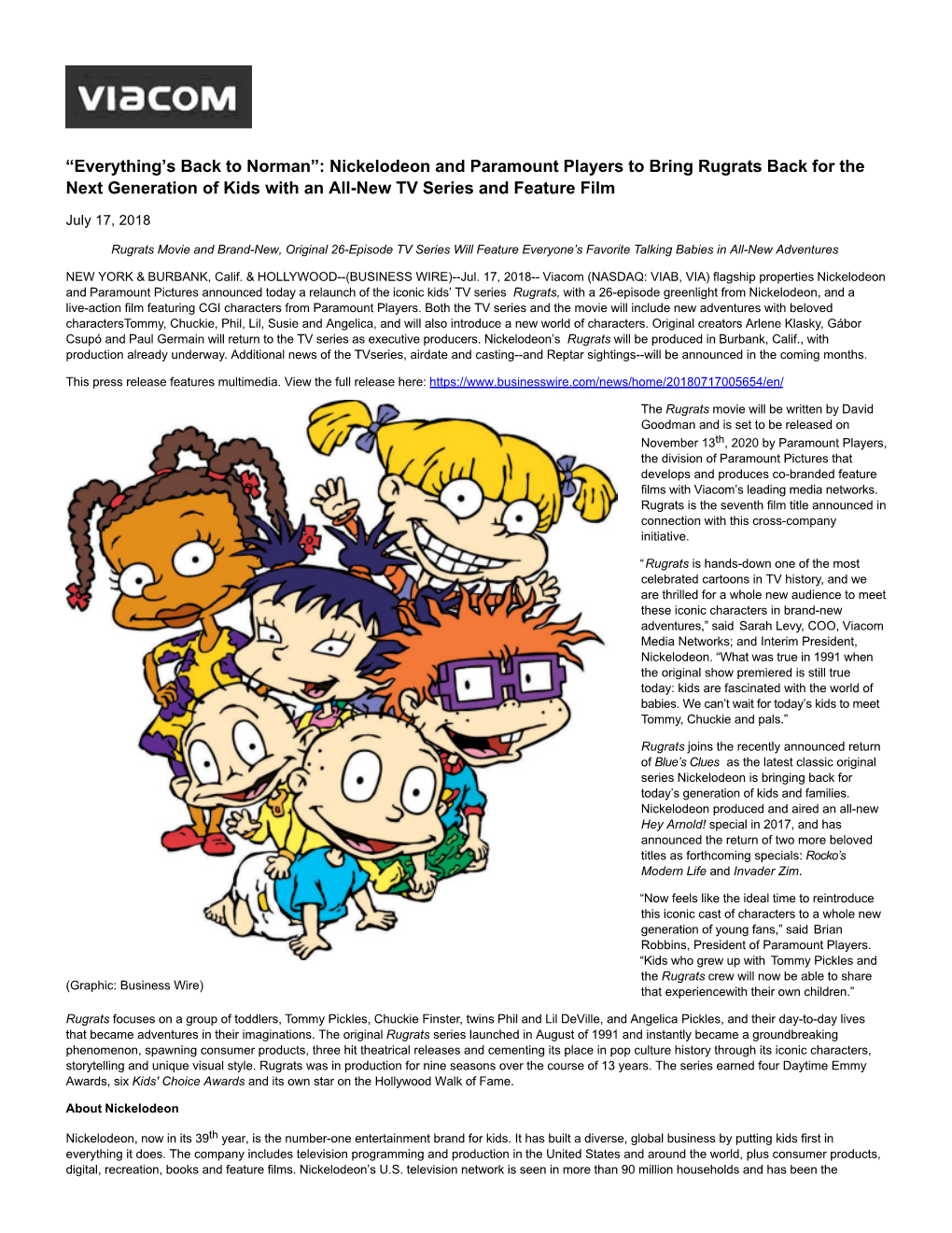 Nickelodeon and Paramount Players to Bring Rugrats Back for the Next Generation of Kids with an All-New TV Series and Feature Film