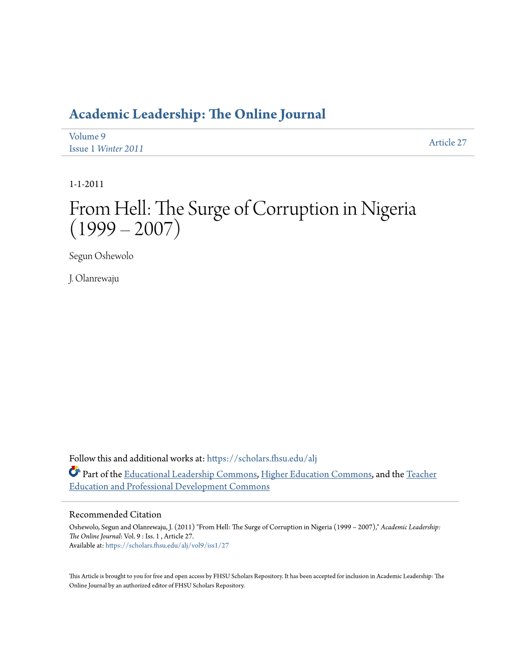 From Hell: the Surge of Corruption in Nigeria (1999 – 2007)