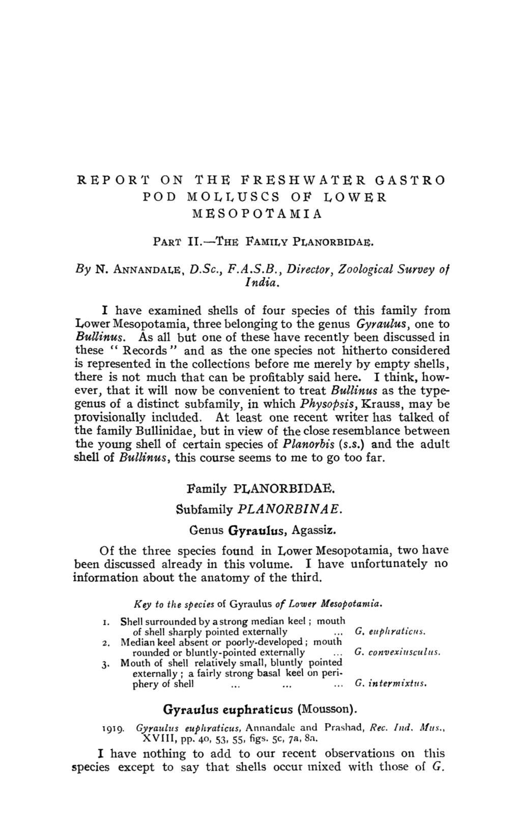 REPOR'£ on the FRESHWATER GASTRO POD MOLLUSCS of LOWER MESOPOTAMIA Provisionally Included. at Least One Recent Writer Has Talke