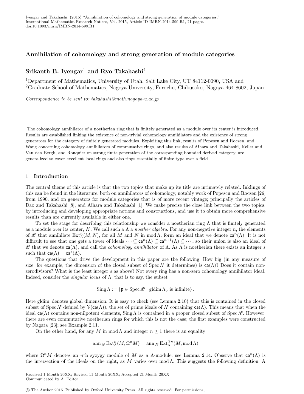 Annihilation of Cohomology and Strong Generation of Module Categories,” International Mathematics Research Notices, Vol